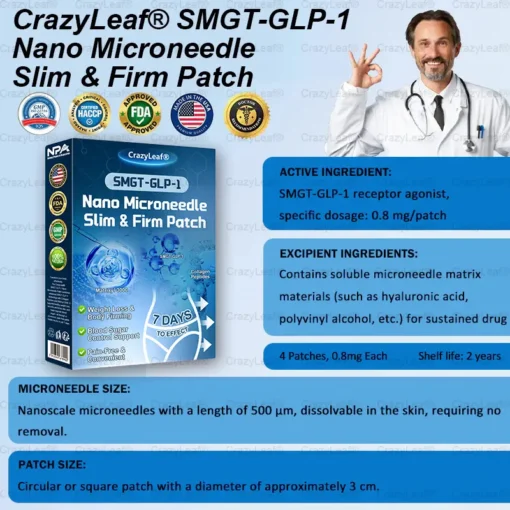 CrazyLeaf® SMGT-GLP-1 Nano Microneedle Slim & Firm Patch with Collagen Peptides, SMGT-GLP-1 & Matrixyl 3000
